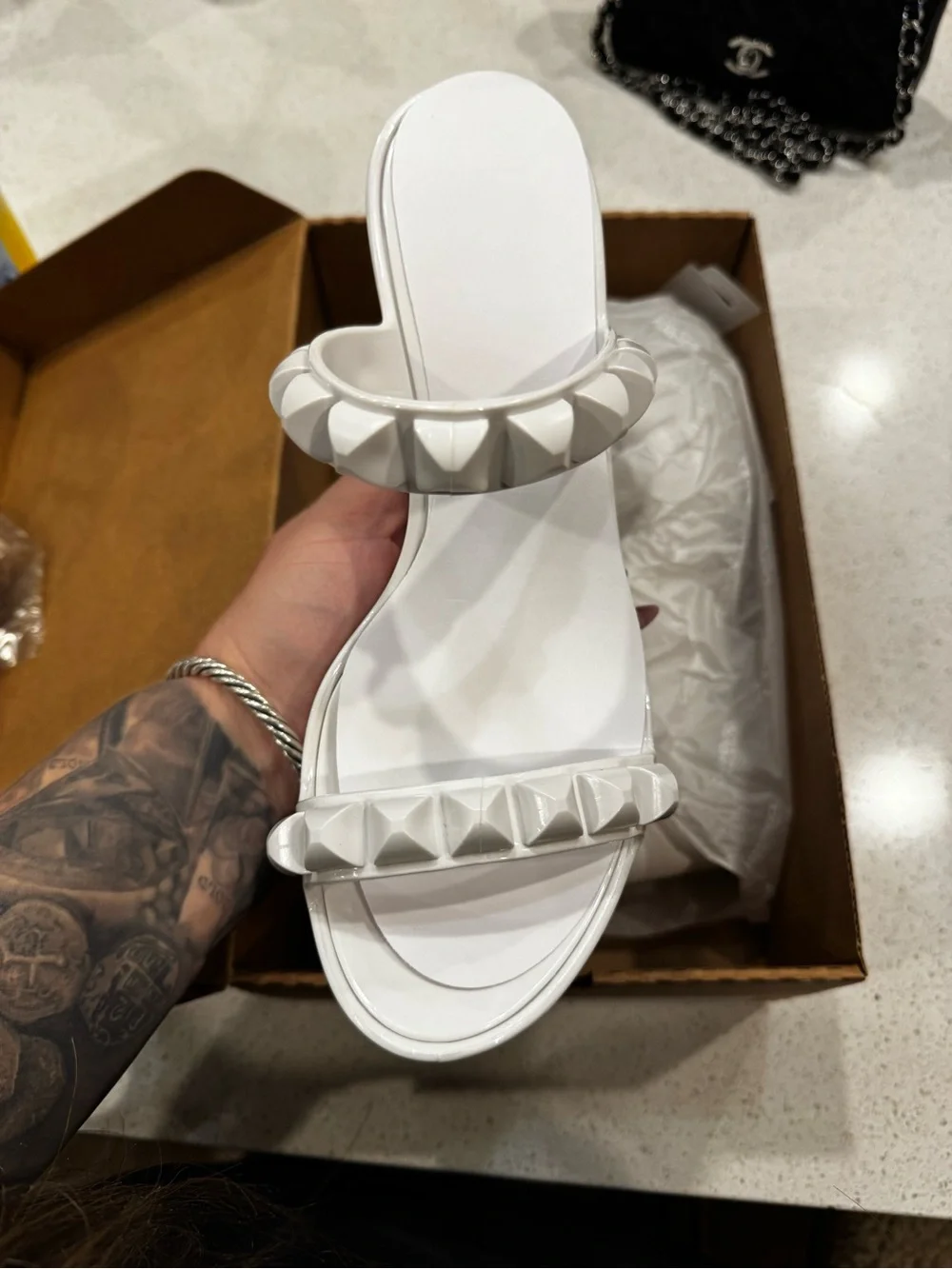 White Studded Patent Wedge Slide Sandals - Women's - Picture 2 of 9